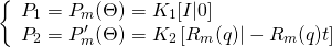 \begin{equation*} \left\{\begin{array}{l}{P_{1}=P_{m}(\Theta)=K_{1}[I | 0]} \\ {P_{2}=P_{m}^{\prime}(\Theta)=K_{2}\left[R_{m}(q) |-R_{m}(q) t\right]}\end{array}\right. \end{equation*}
